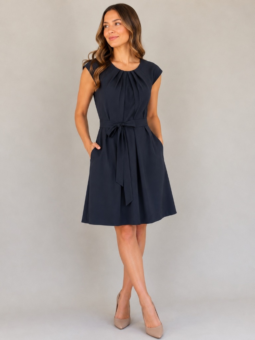 Calvin Klein Navy Pleated A-Line Dress with Pockets – Size S (4–6)